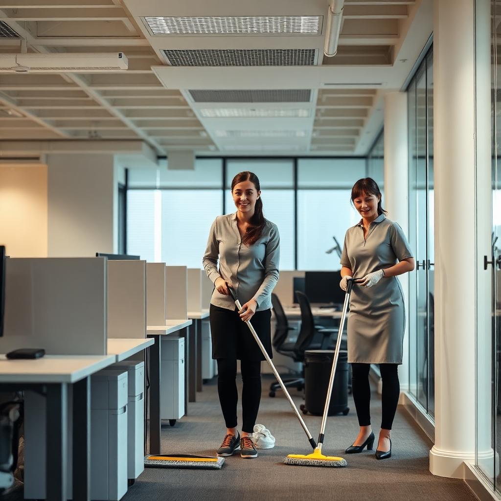 Schoonmaakteam aan het werk in een kantooromgeving